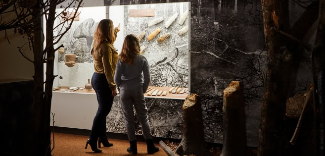 A woman and a girl are looking at different archaeological artefacts