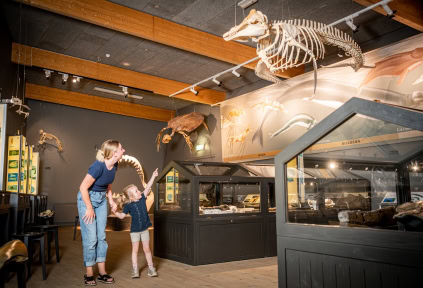 Eine Frau und ihre Tochter gehen durch die Ausstellung mit Fossilien