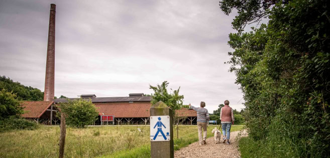 Zwei Frauen und ein Hund sind auf dem Gendarmenpfad unterwegs, der an der Ziegelei Cathrinesminde vorbeiführt