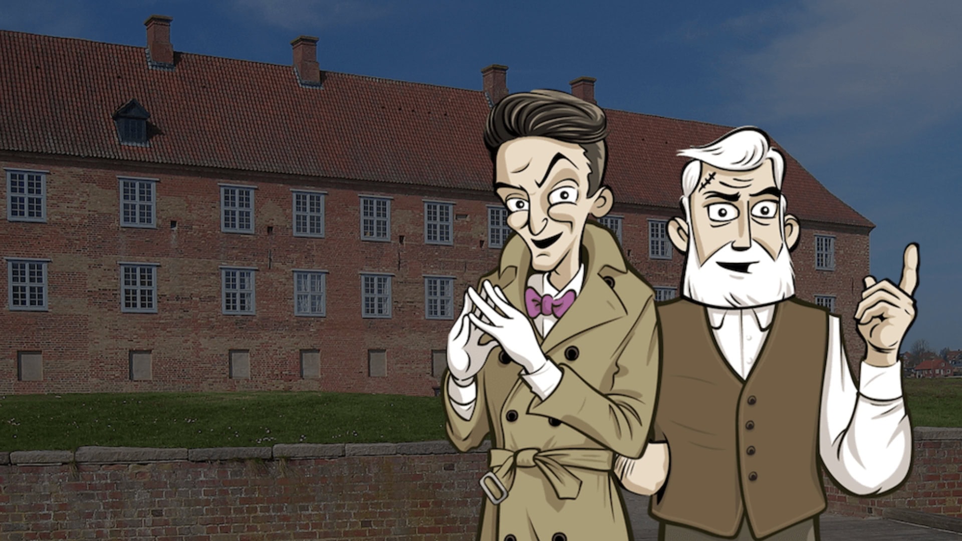 Sønderborg Castle and two cartoon men